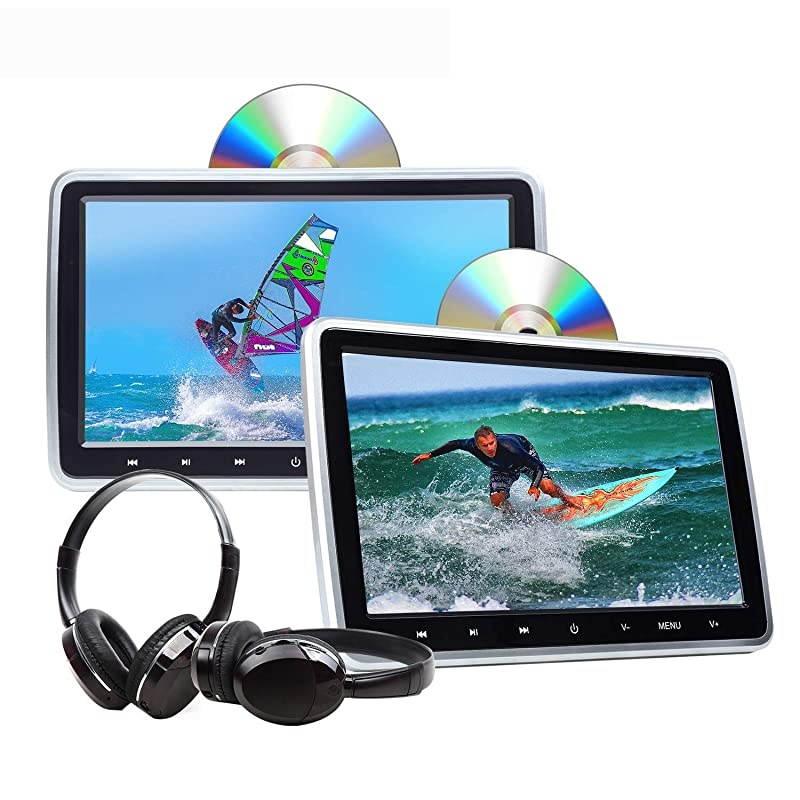 2021 Newest Headrest DVD Player Car DVD Player 10.1'' Dual Car DVD Players with 2 Headphones  C1100A for Kids Support Same/Different Video Playing/AV Out & in HDMI USB SD Port Touch Button-C1100A