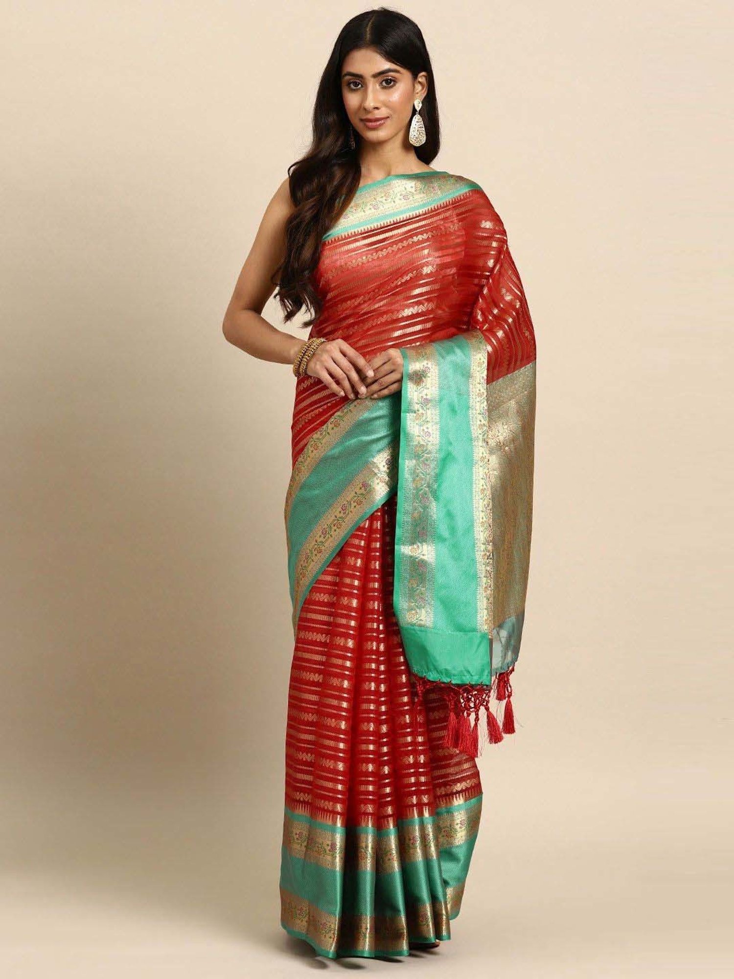 Silk Land Red & Green Woven Saree With Unstitched Blouse