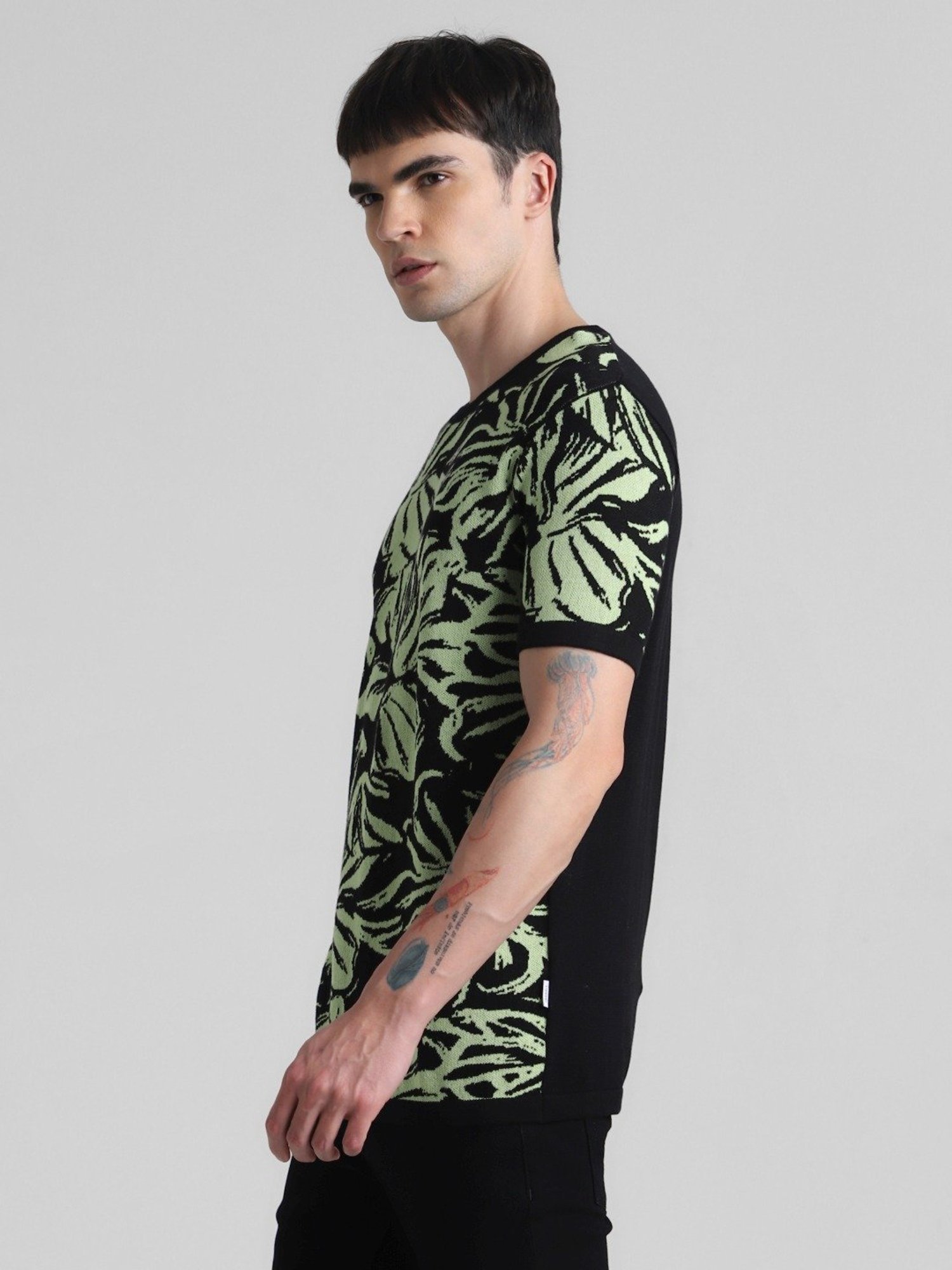 Jack & Jones Jet Black Cotton Slim Fit Self Pattern Sweater