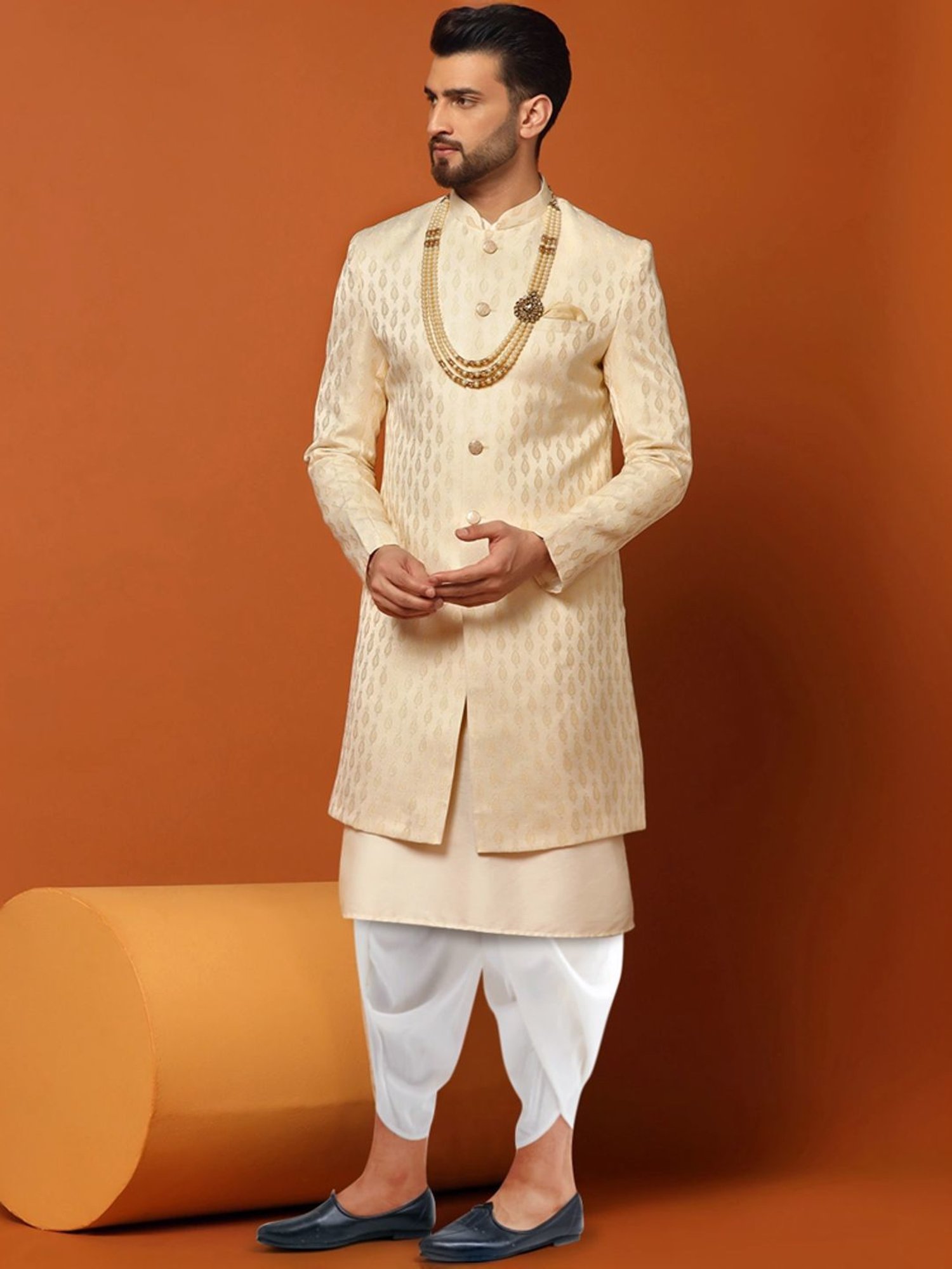 Kisah Beige & White Regular Fit Jacquard Sherwani Set