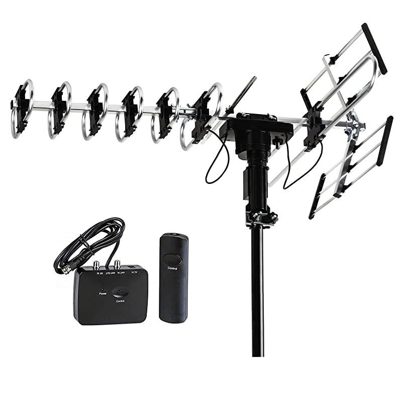 Outdoor HD TV Antenna 2019 Newest Model Up to 200 Miles Long Range with Motorized 360 Degree Rotation, UHF/VHF/FM Radio with Infrared Remote Control Advanced Design