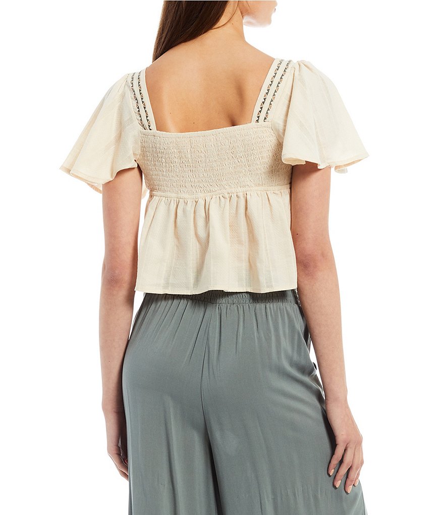 Coco + Jaimeson Ruffled Short-Sleeve Placement Embroidered Babydoll Top