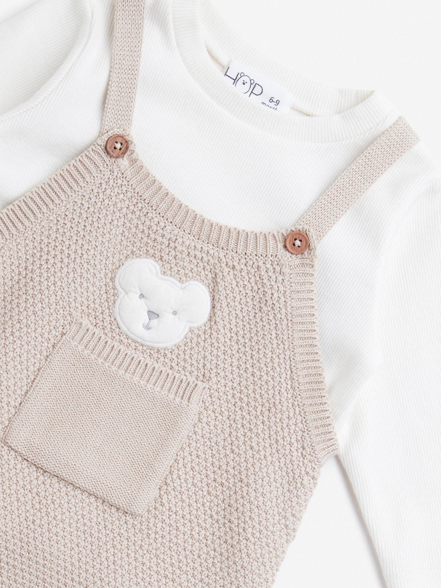 HOP Baby by Westside Taupe Knitted Cotton Blend Dungaree & T-Shirt Set