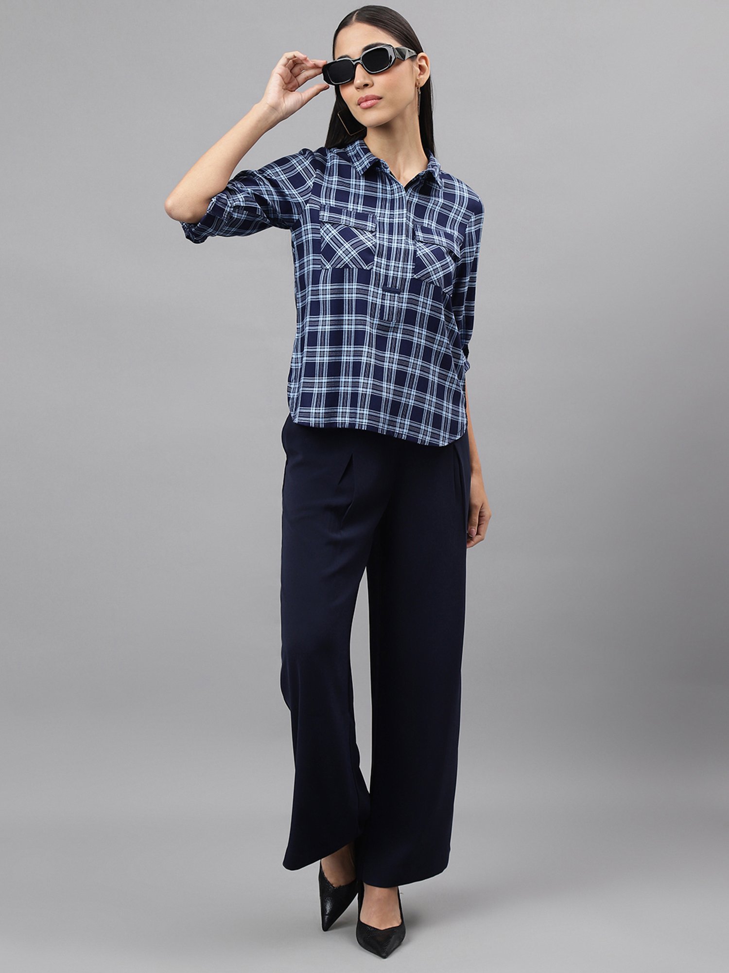 Latin Quarters Navy Check Top