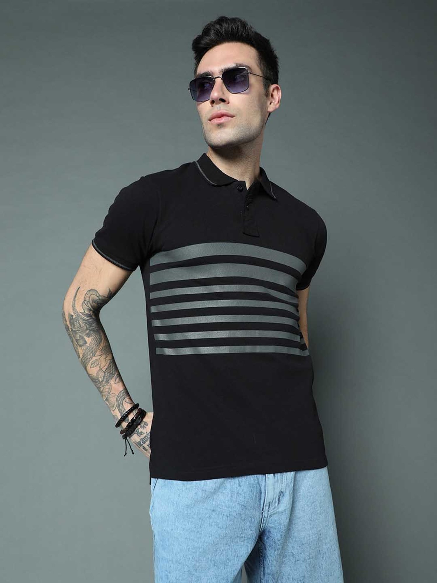 High Star Black Regular Fit Striped Polo T-Shirt