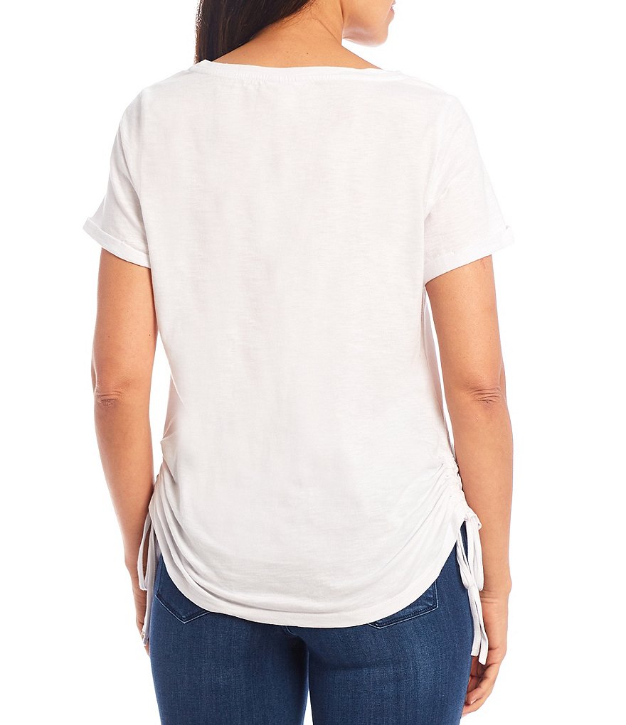 Intro Solid Cotton Slub Knit Scoop Neck Short Sleeve Ruched Side Tee