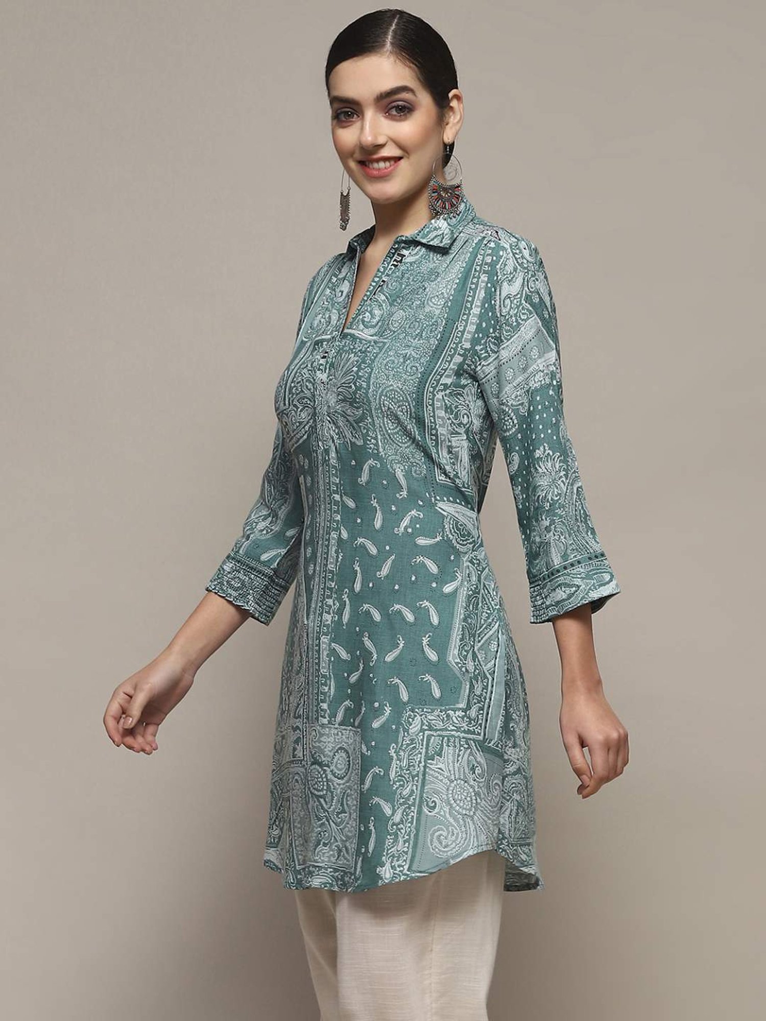 Biba Green Printed A Line Short Kurti