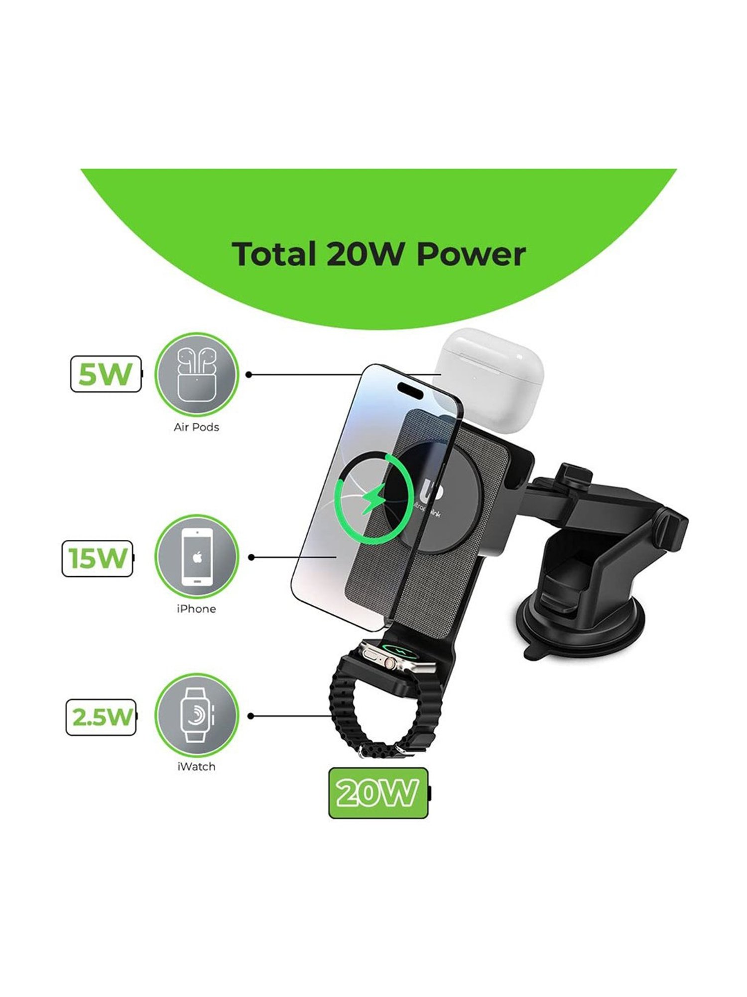 ULTRAPROLINK Vylis Auto20 UM1140, 20W Mag-safe 3-in-1 Wireless Car Charger Dock (Black)