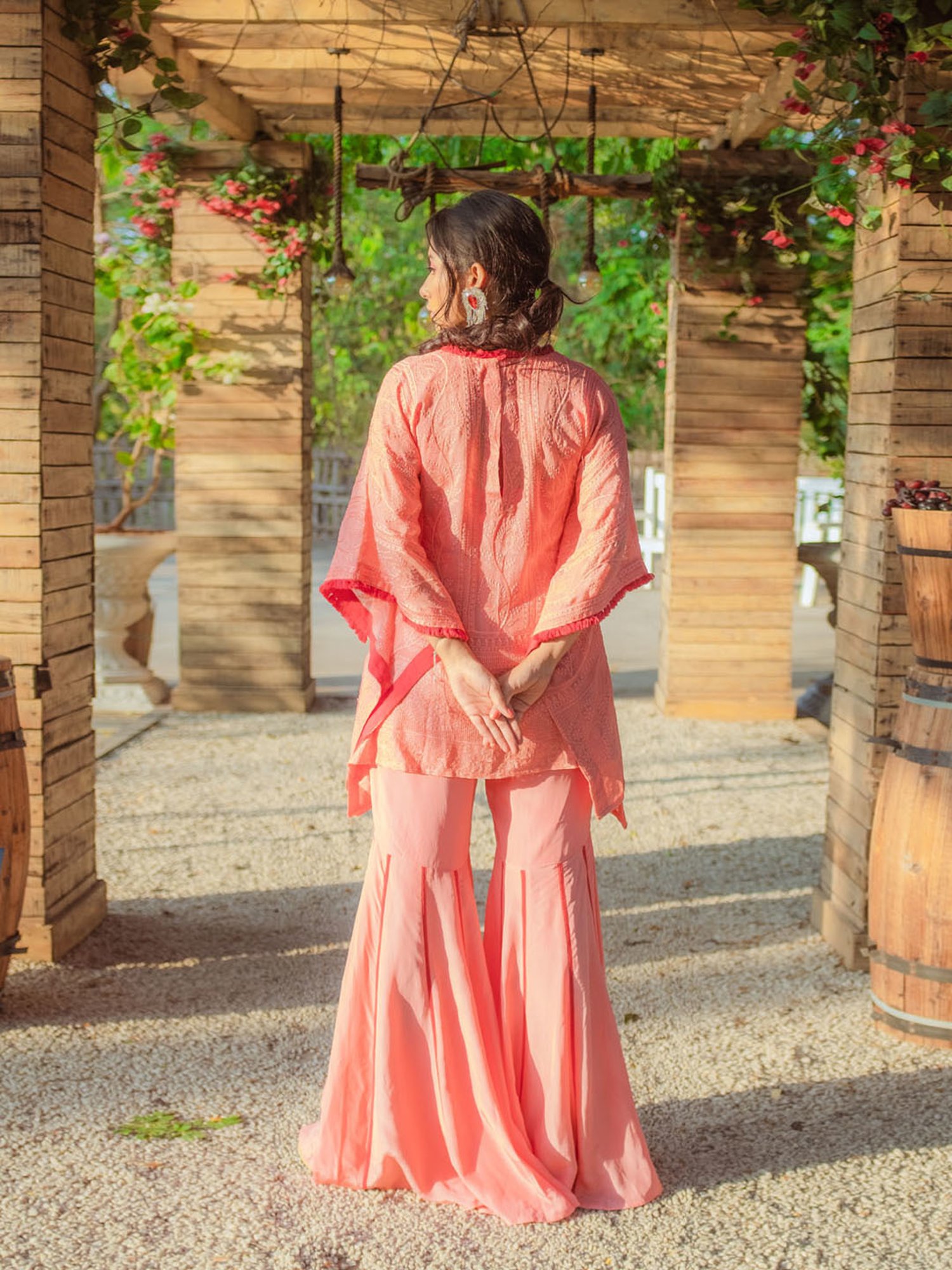 Monk and Mei Suraiya Chikankari Kaftan, Sharara & Belt - Peachy Melon