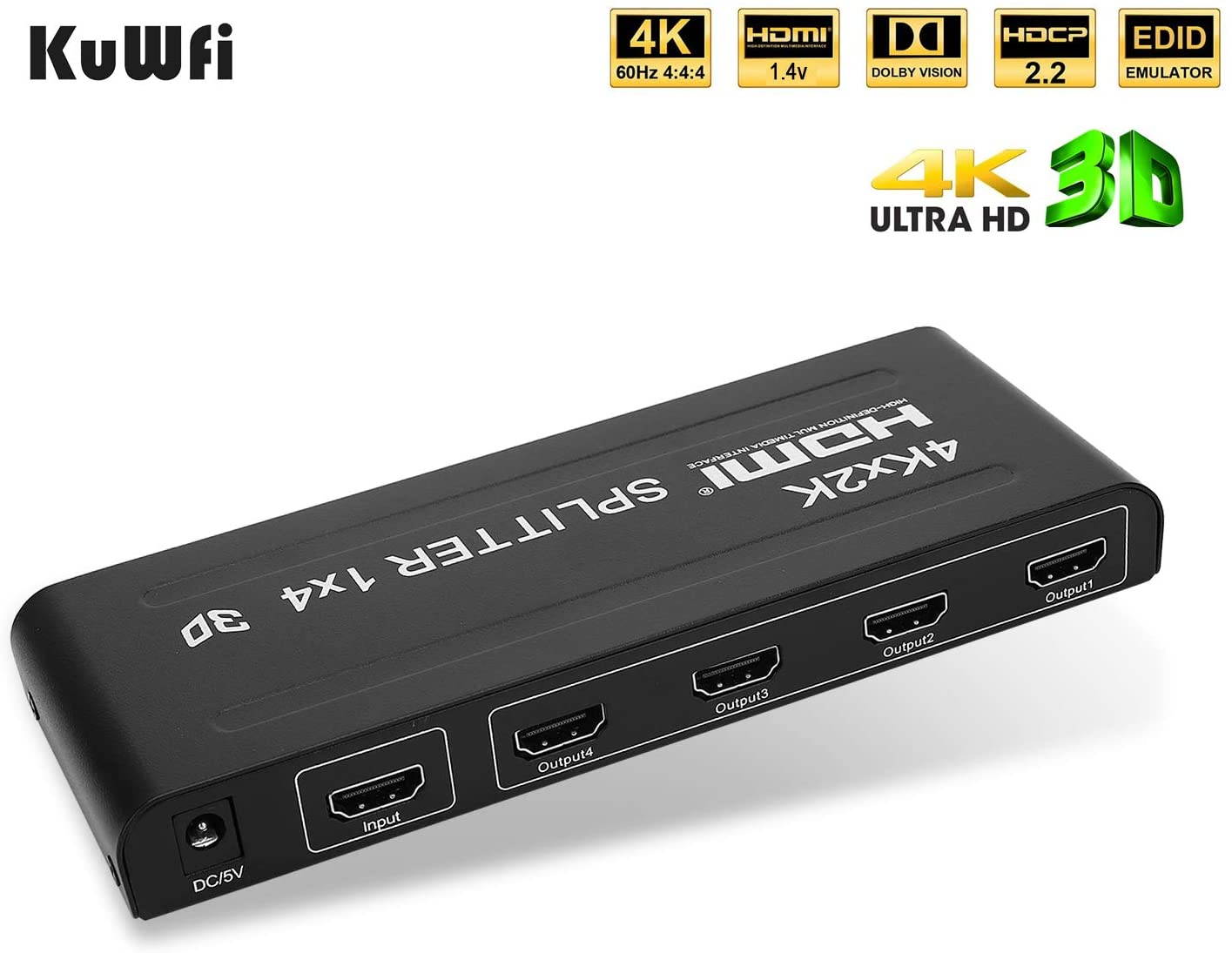 4K 3D HDMI Splitter 1 in 4 Out HDMI Switch Splitter with Metal Box and 24K Gold-Plated Connectors Support 4K 30Hz Ultra HD 3D 1080P Compatible with PS4 DLP Xbox DVD Player Blu-ray HDTV