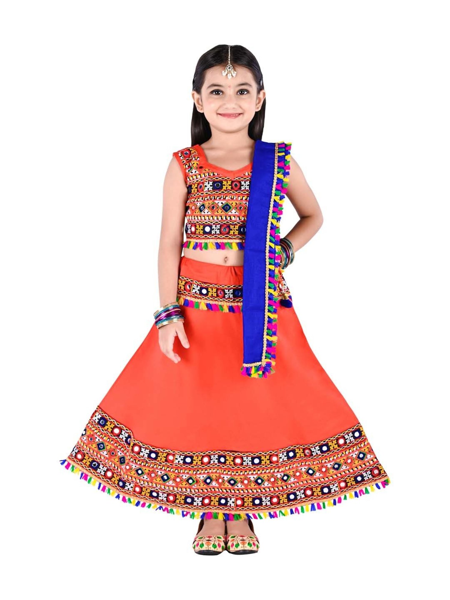 Ahhaaaa Kids Orange & Blue Cotton Embroidered Lehenga Cholis