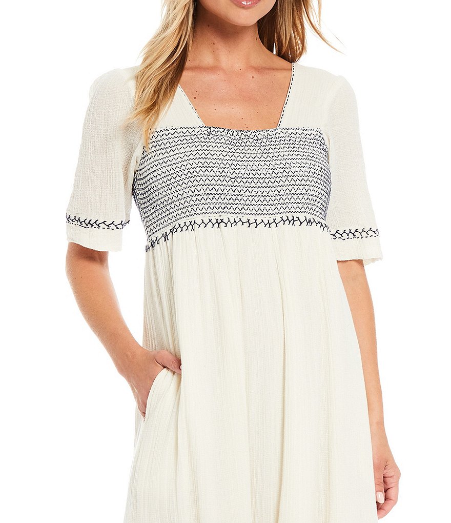 Reba Smocked Contrast Embroidery A-Line Maxi Dress