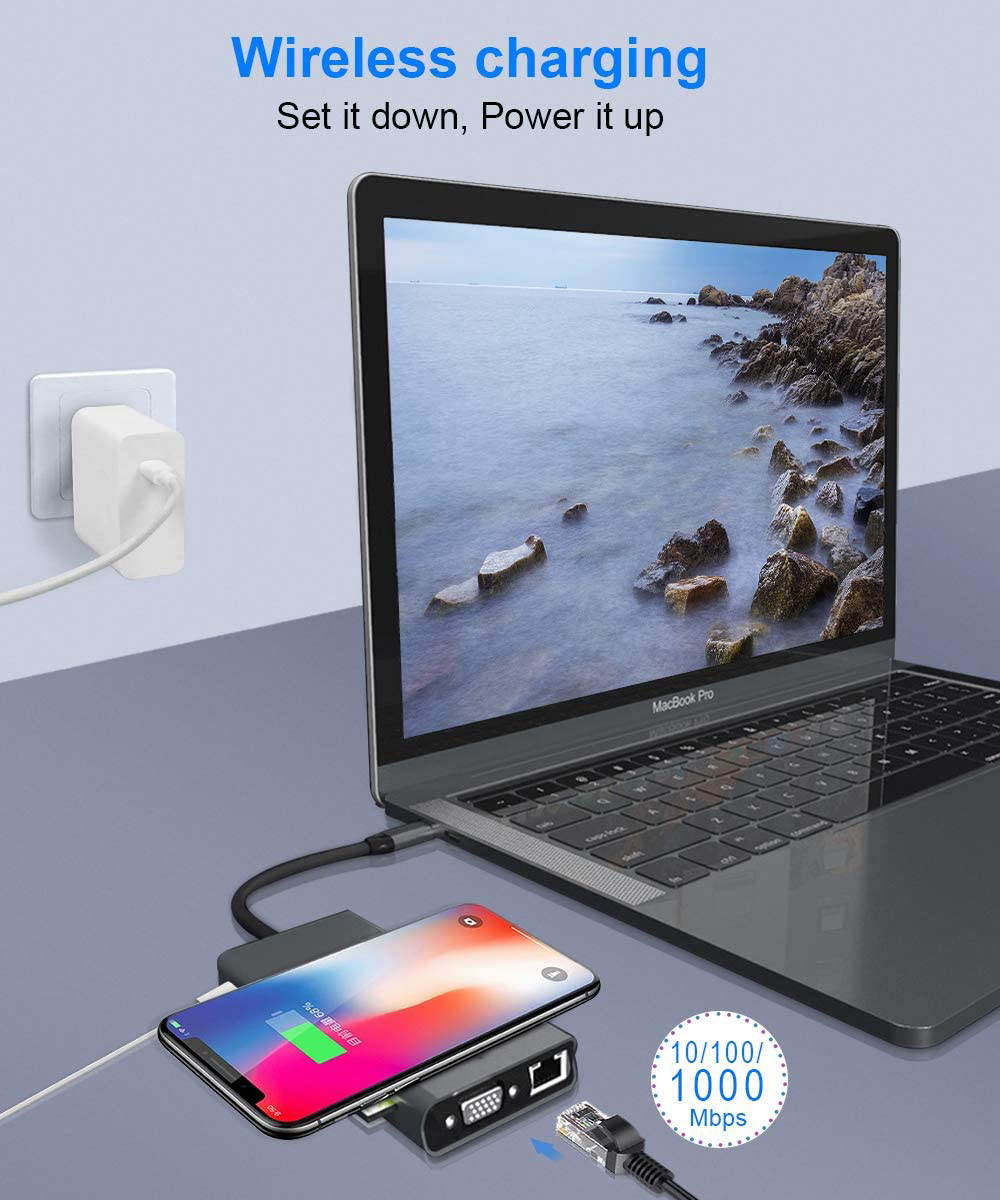 15 in 1 USB C Hub Multiport Adapter USB-C Docking Station with 4K HDMI, VGA, Ethernet, Wireless Charging, 100W PD, 3 USB 3.0, SD/TF Card Reader Compatible for MacBook Pro and More Type C Laptops