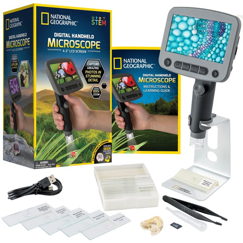 NATIONAL GEOGRAPHIC Digital Handheld Microscope for Kids, 40-Pc Set, Capture 1080p Photos & Video on Micro SD Card, Tilting LCD Screen, 800x Magnification