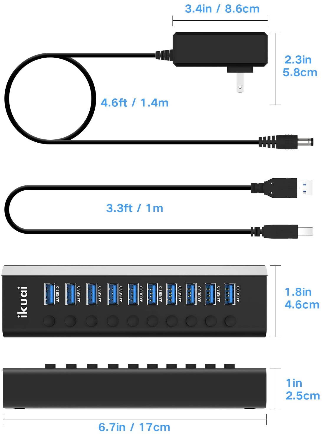 Powered USB Hub 3.0, 10 Port USB 3.0 Data Hub Aluminum USB Splitter with 36W(12V/3A) Power Adapter and Individual On/Off Switches (Black)