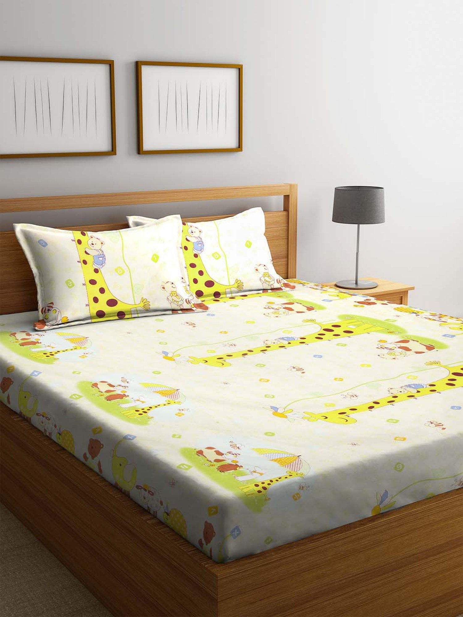 Klotthe Character based Yellow 210 TC Polyester King Bedsheet with 2 Pillow Covers