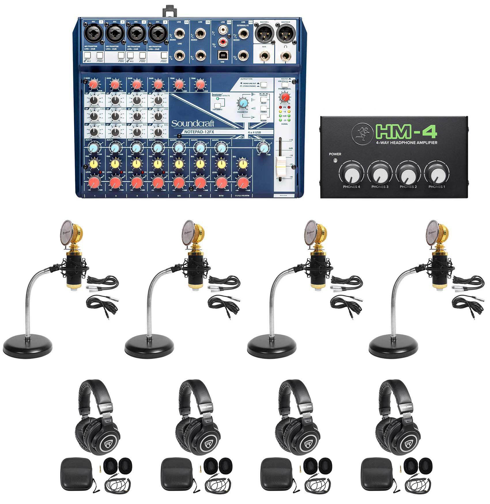 Soundcraft 4-Person Podcast Podcasting Recording Kit Mics+Headphones+Desk Stands