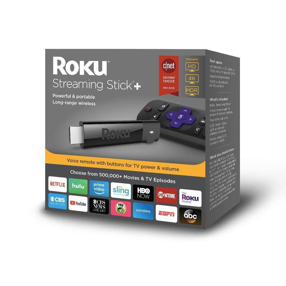 Roku Streaming Stick+ HD/4K/HDR Streaming Media Player with Long-range Wireless and Voice Remote with TV Controls - Black (3810R)