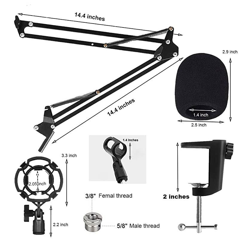Microphone Suspension Stand Adjustable Boom Scissor Arm Stand with Shock Mount Mic Clip Holder 38 to 58 Screw Adapter Pop Filter and Foam Windscreens Radio Broadcasting and Recording