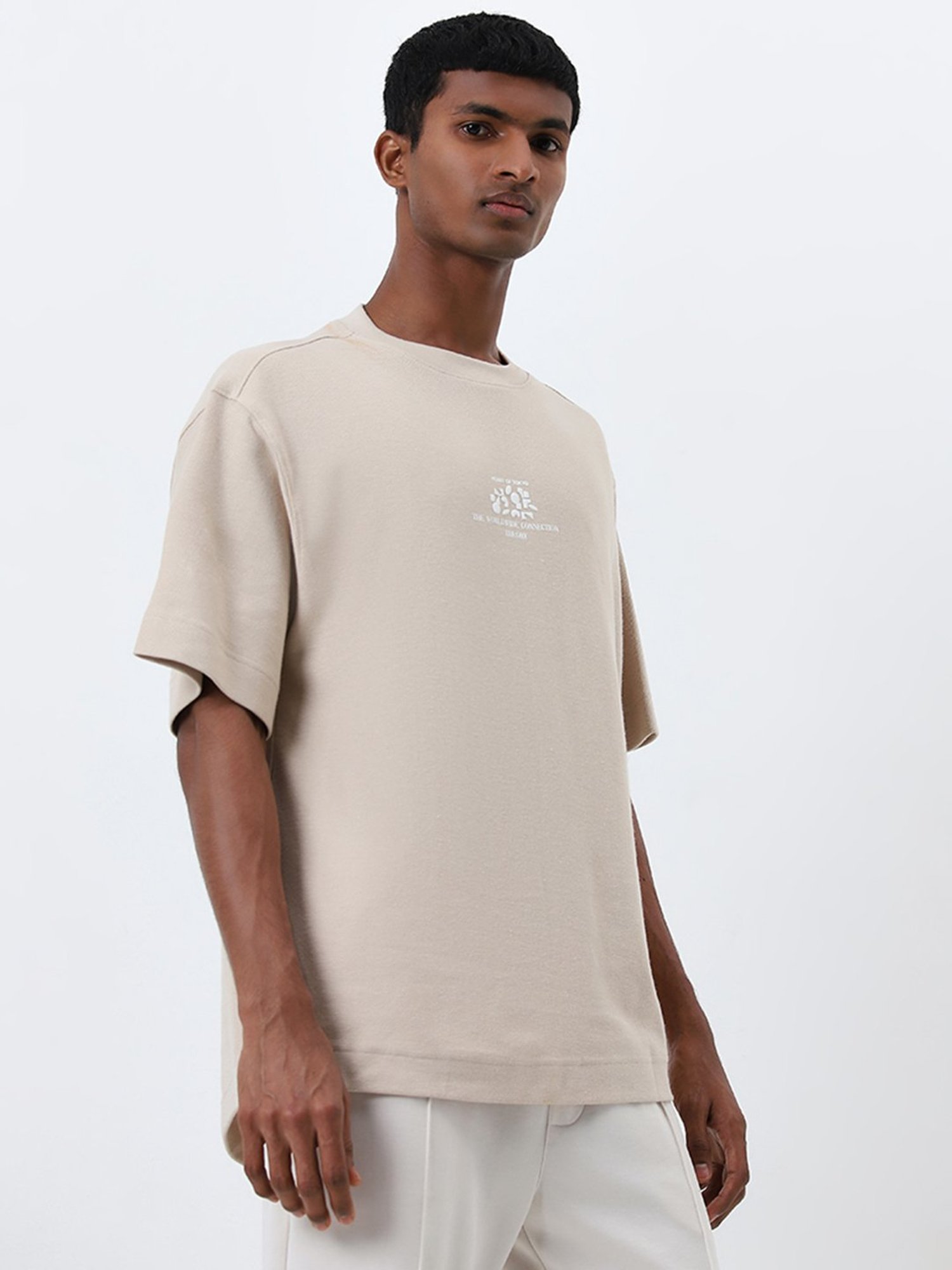 Studiofit by Westside Beige Typographic Relaxed-Fit Cotton T-Shirt