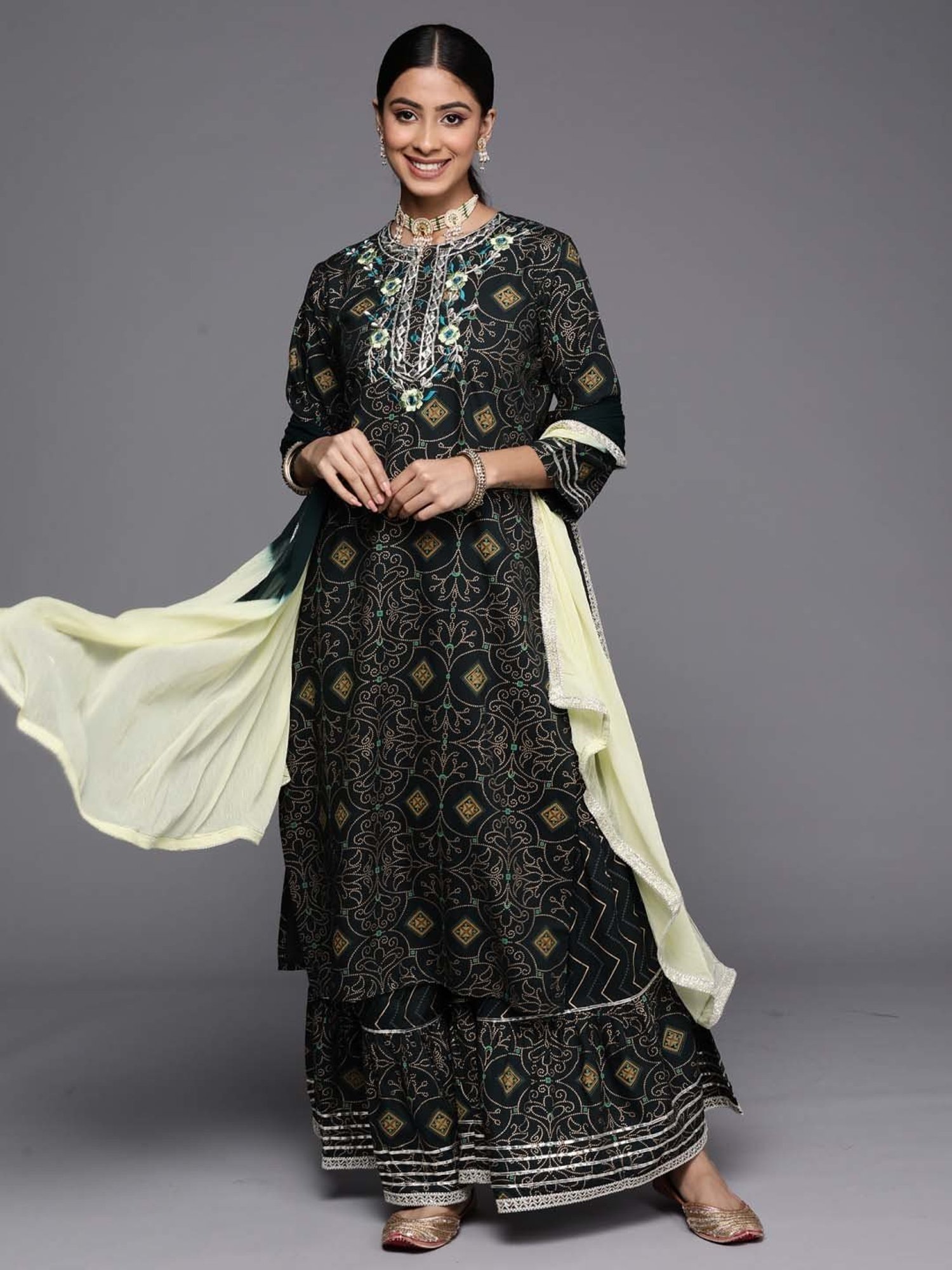 Indo Era Green Embroidered Kurta Sharara Set With Dupatta