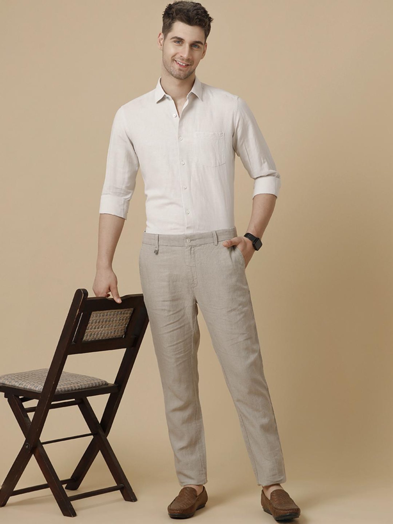 Linen Club Beige Linen Contemporary Fit Shirt
