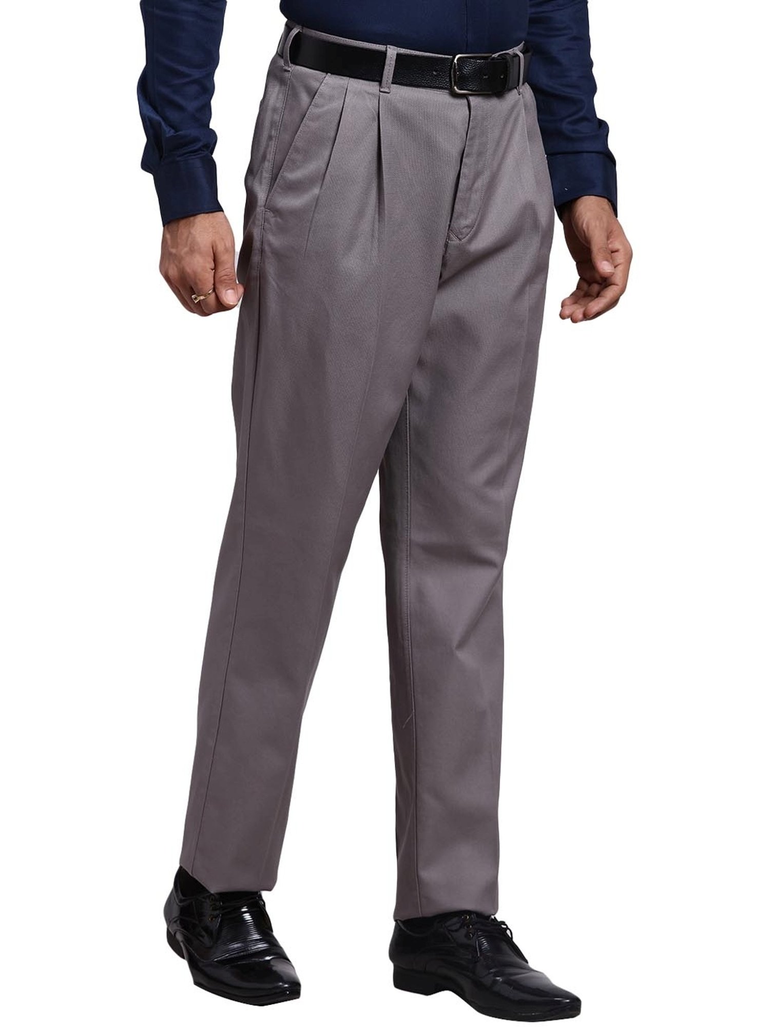ColorPlus Grey Cotton Regular Fit Trousers