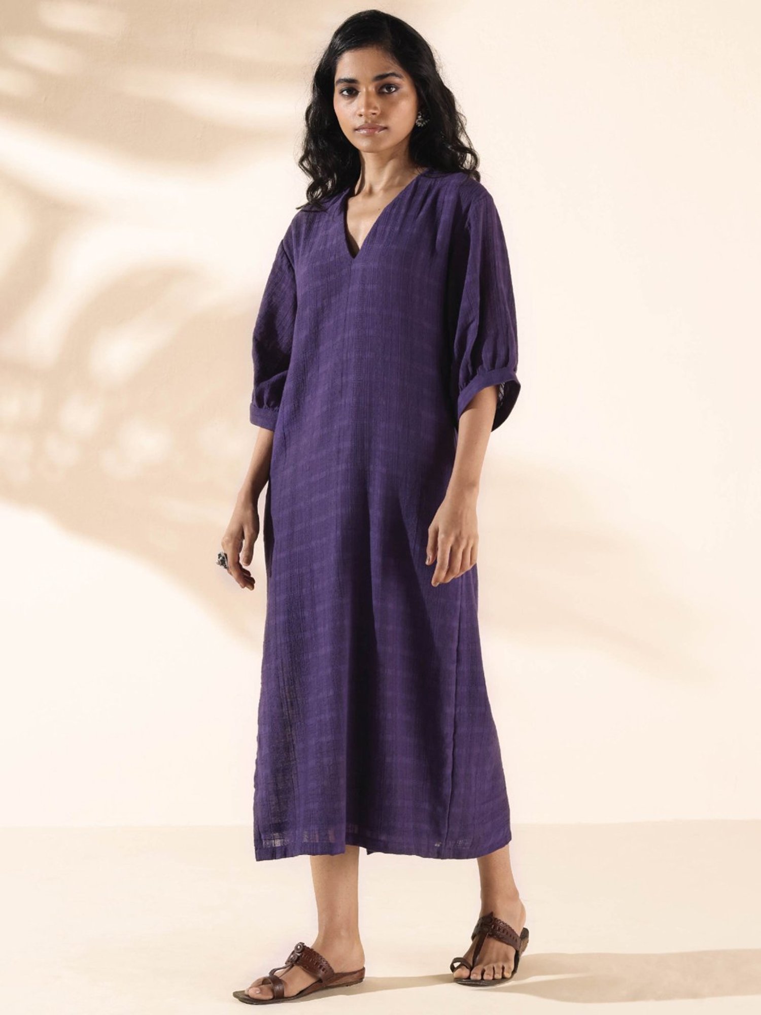 true Browns Purple Cotton Self Pattern A-Line Dress