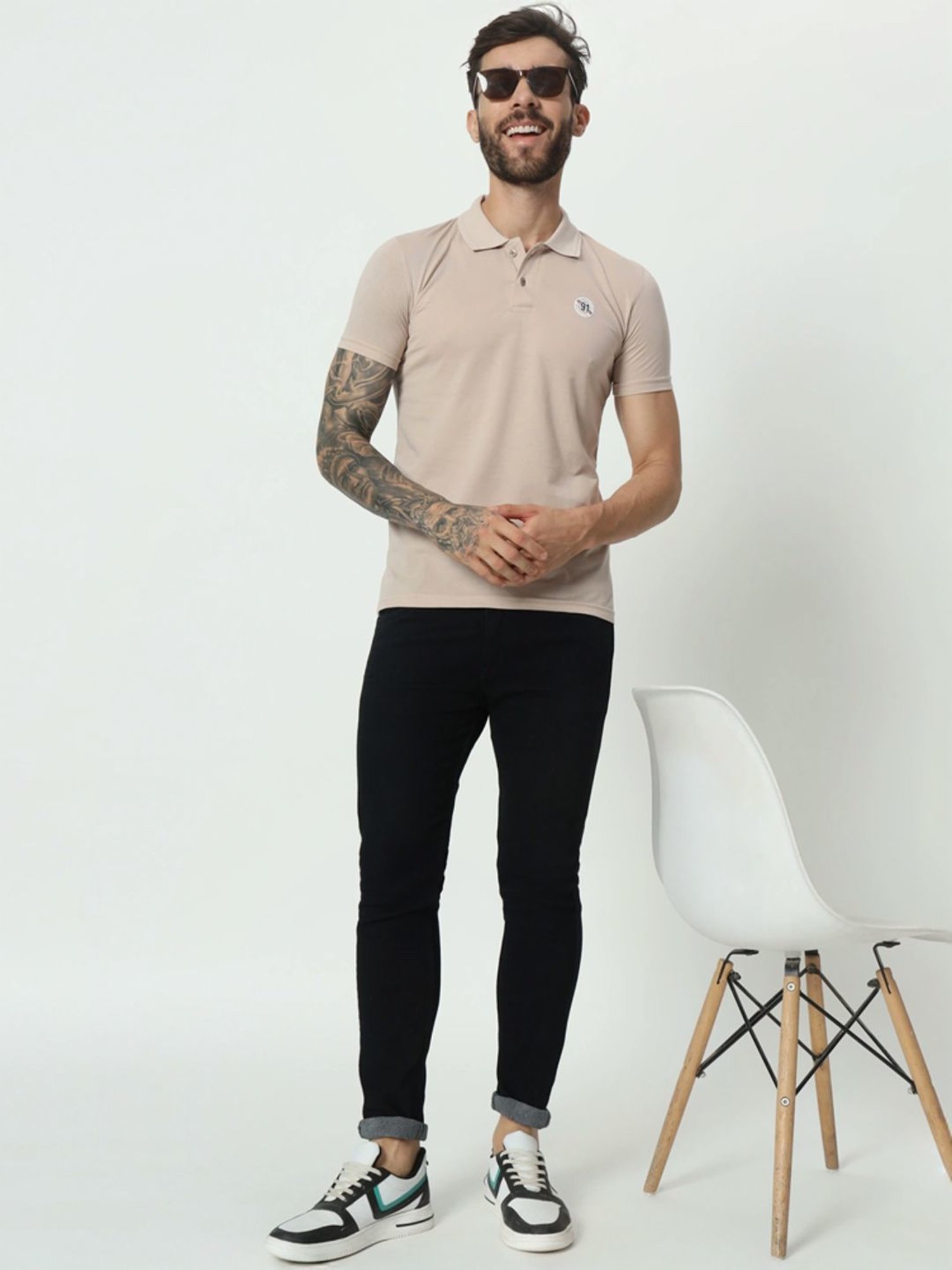 Tab91 Beige Regular Fit Printed Polo T-Shirts