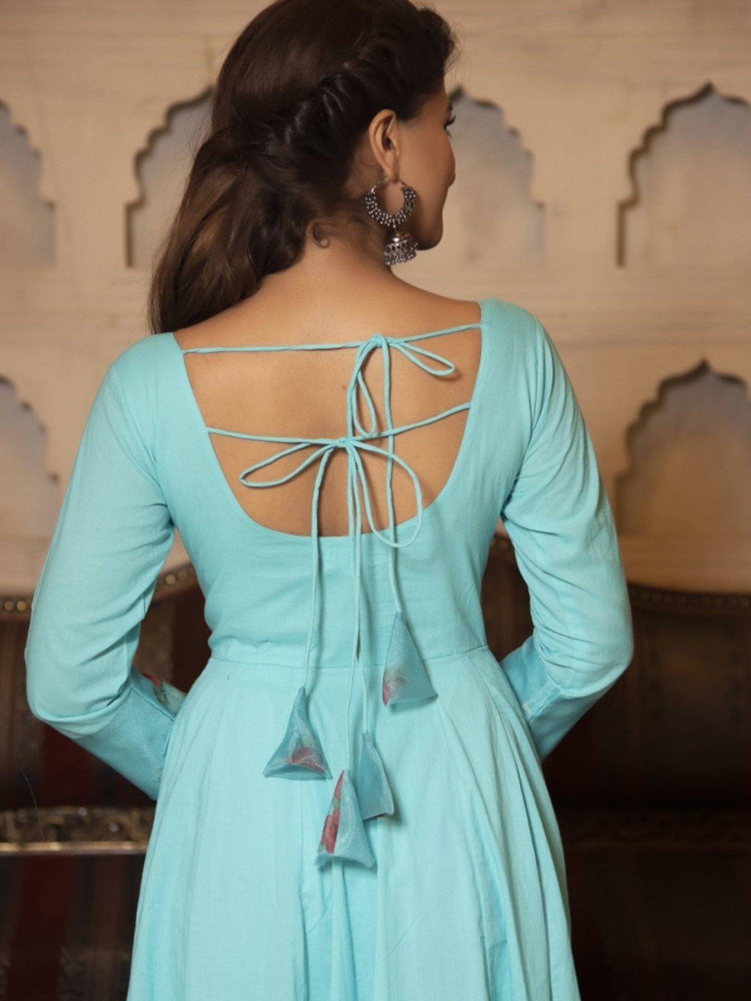 Calmna Flamingo Blue Floral Anarkali Suit Set