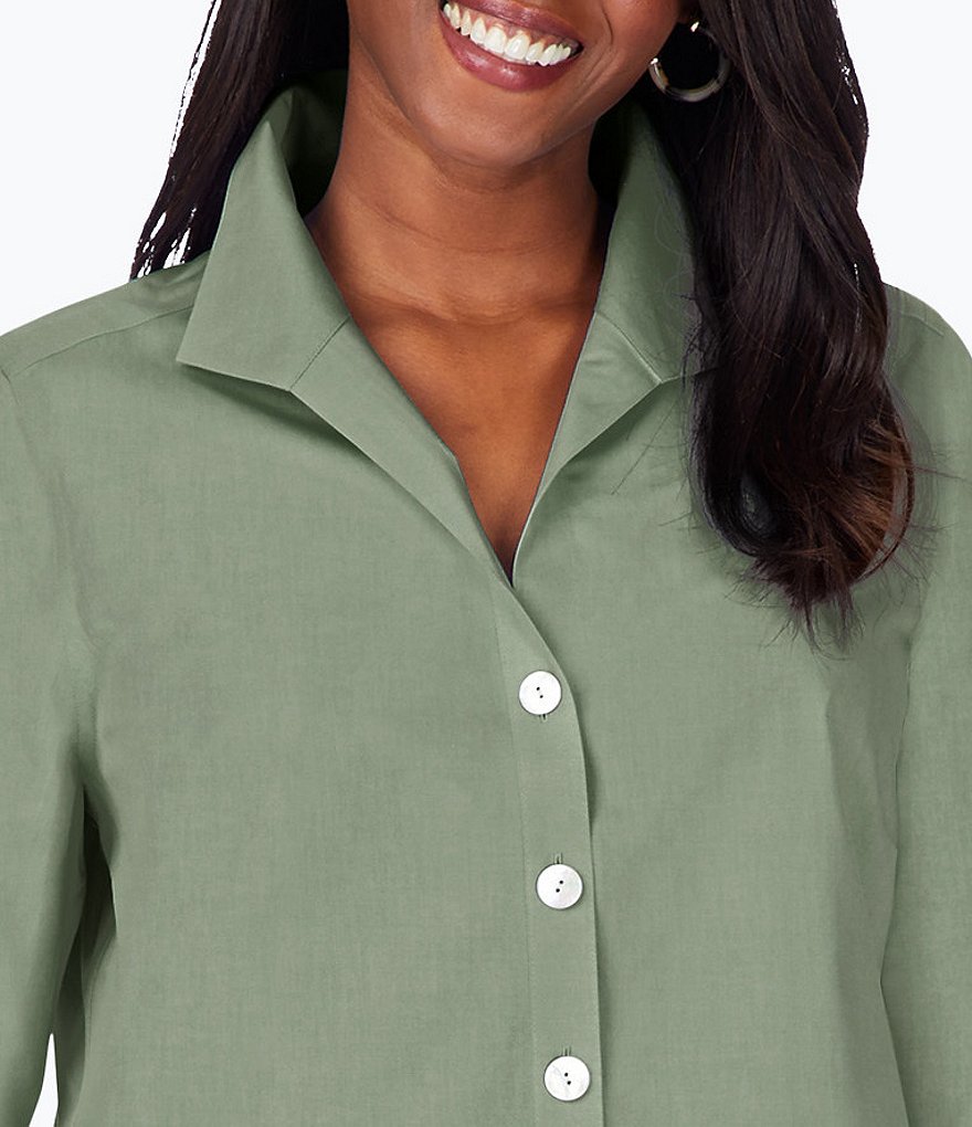 Foxcroft Plus Size Pandora 3/4 Sleeve Spread Point Collar Neck Button Front Shaped Tunic