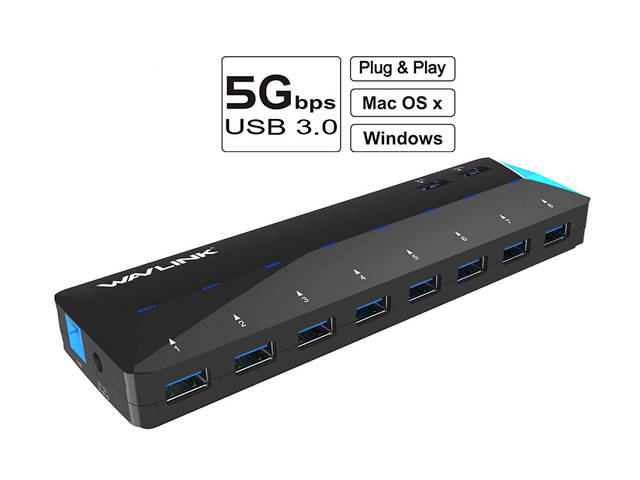 Wavlink 10-Port USB 3.0 Hub with 2x1.5A Fast USB Charging Port, 48W Power Adapter, Peripheral Sharing Switch, LED indicators, USB3.0 Splitter Up to 5Gbps for Android, Apple iOS, Windows Mobile Devices