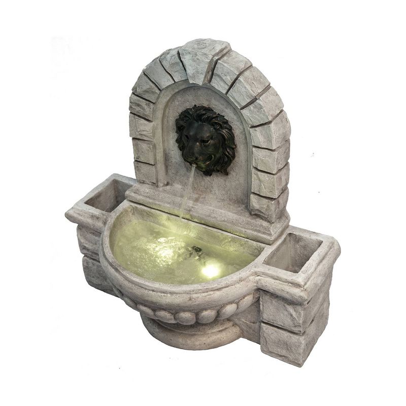 27.5" Lion Head Outdoor Wall Fountain with Planters and LED Light Gray - Peaktop