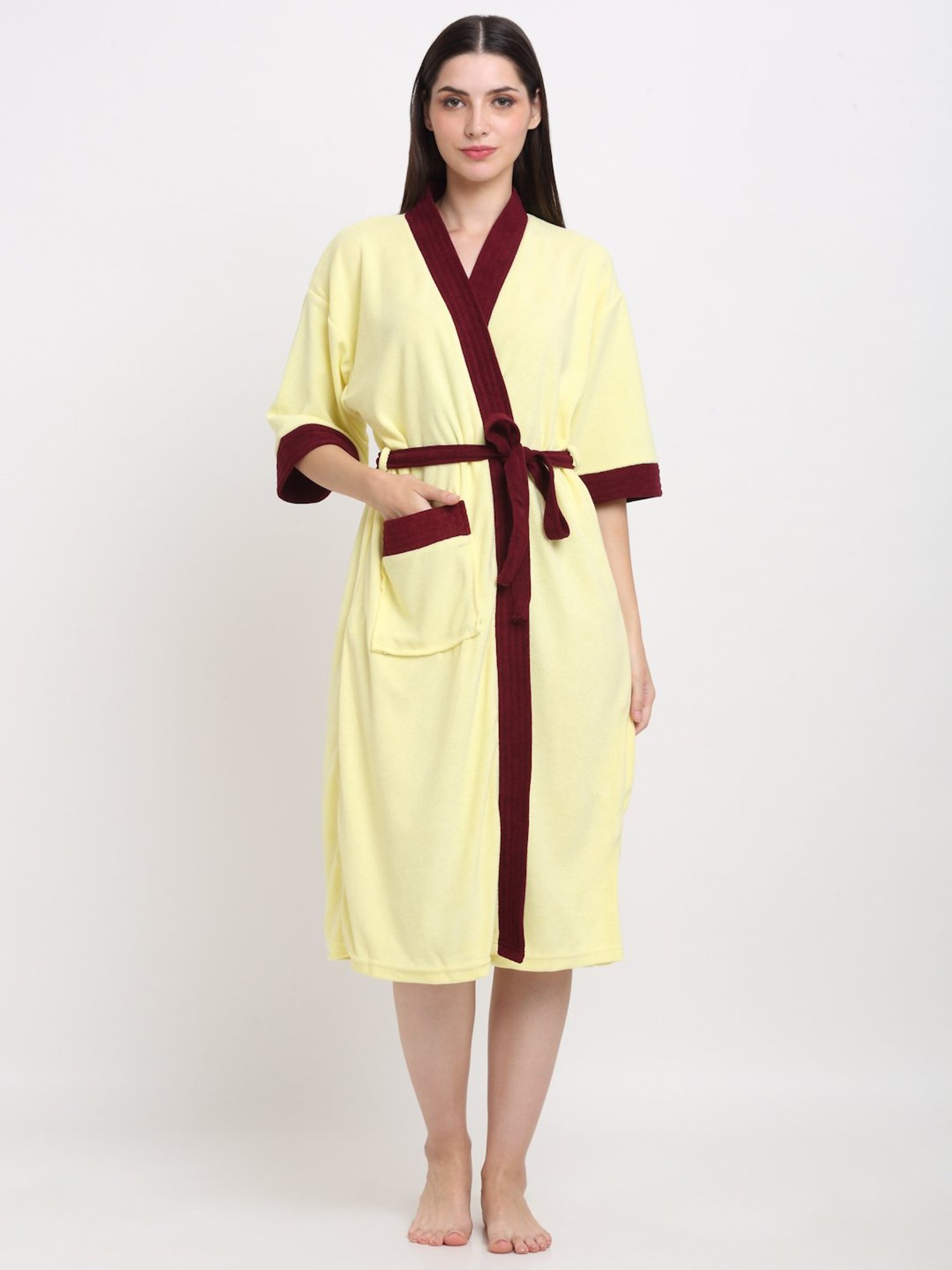 Creeva Everyday Lemon & Wine 225 GSM Micro Terry Bathrobe with Front Pocket & Kimono Collar