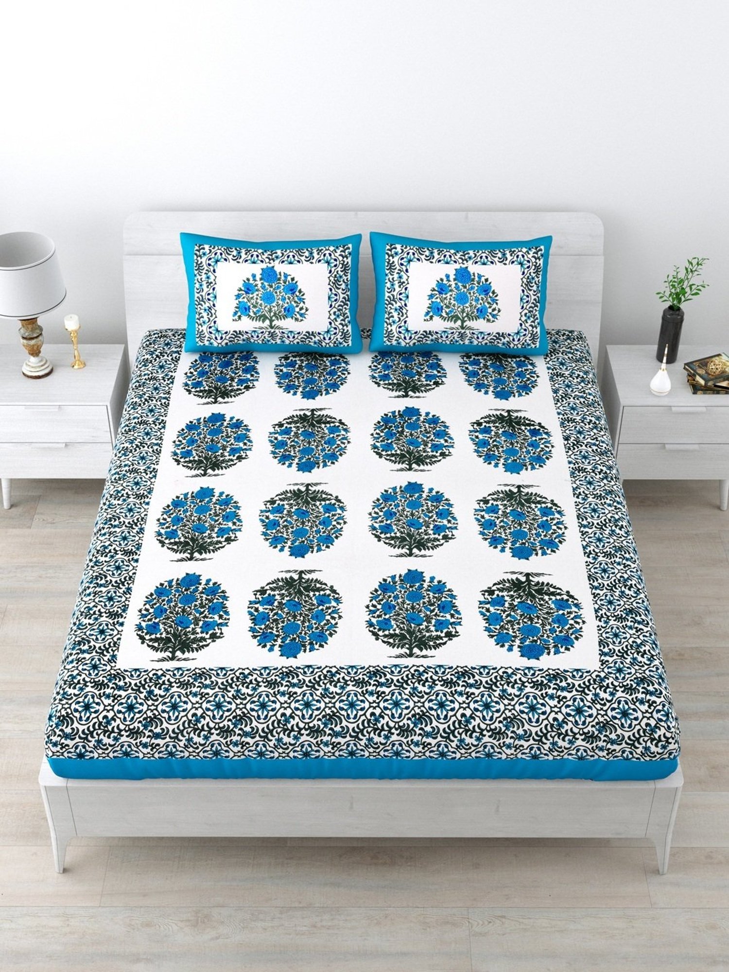 Living Roots Jaipuri White & Blue 210 TC Cotton Queen Bed Sheet with 2 Pillow Covers