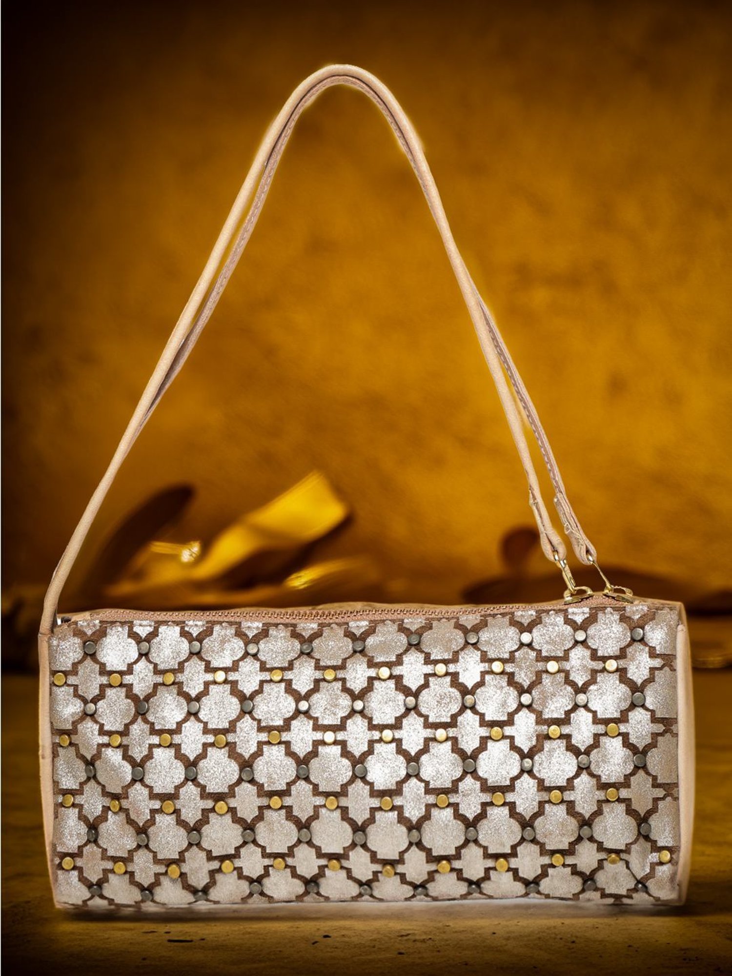 Art N Vintage Luminosa Cream Leather Embellished Small Handbag