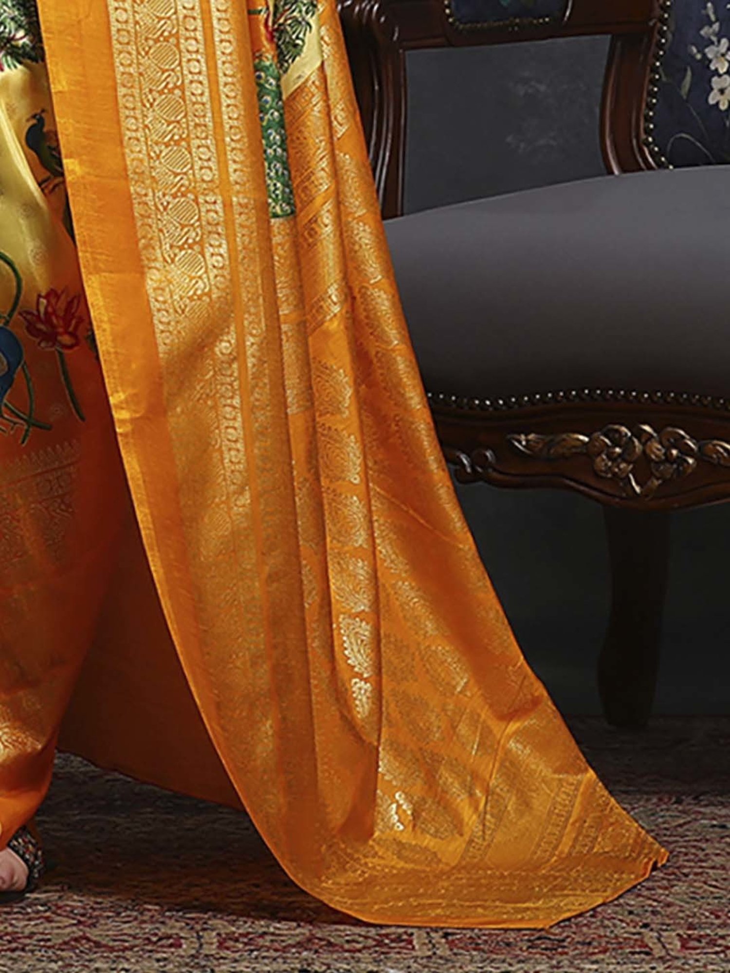 Saree Mall Yellow Silk Printed Saree With Unstitched Blouse