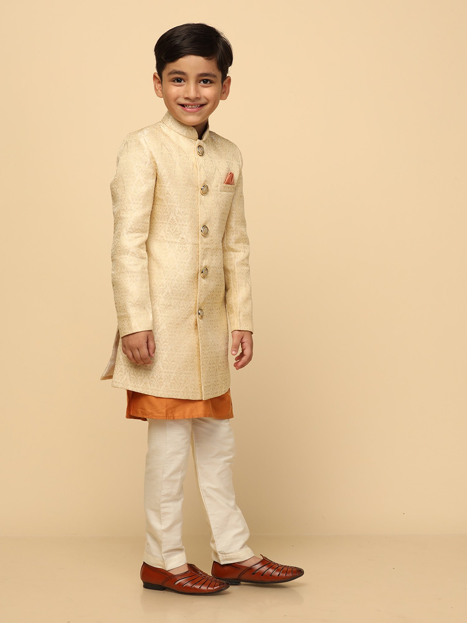 KISAH Boys Beige Embroidered Full Sleeves Sherwani