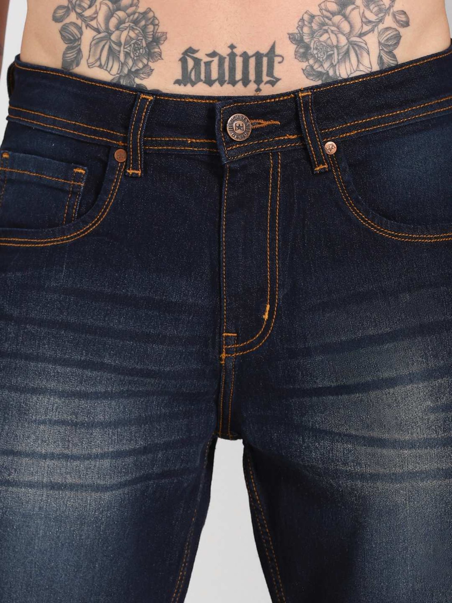 High Star Blue Cotton Regular Fit Denim Shorts