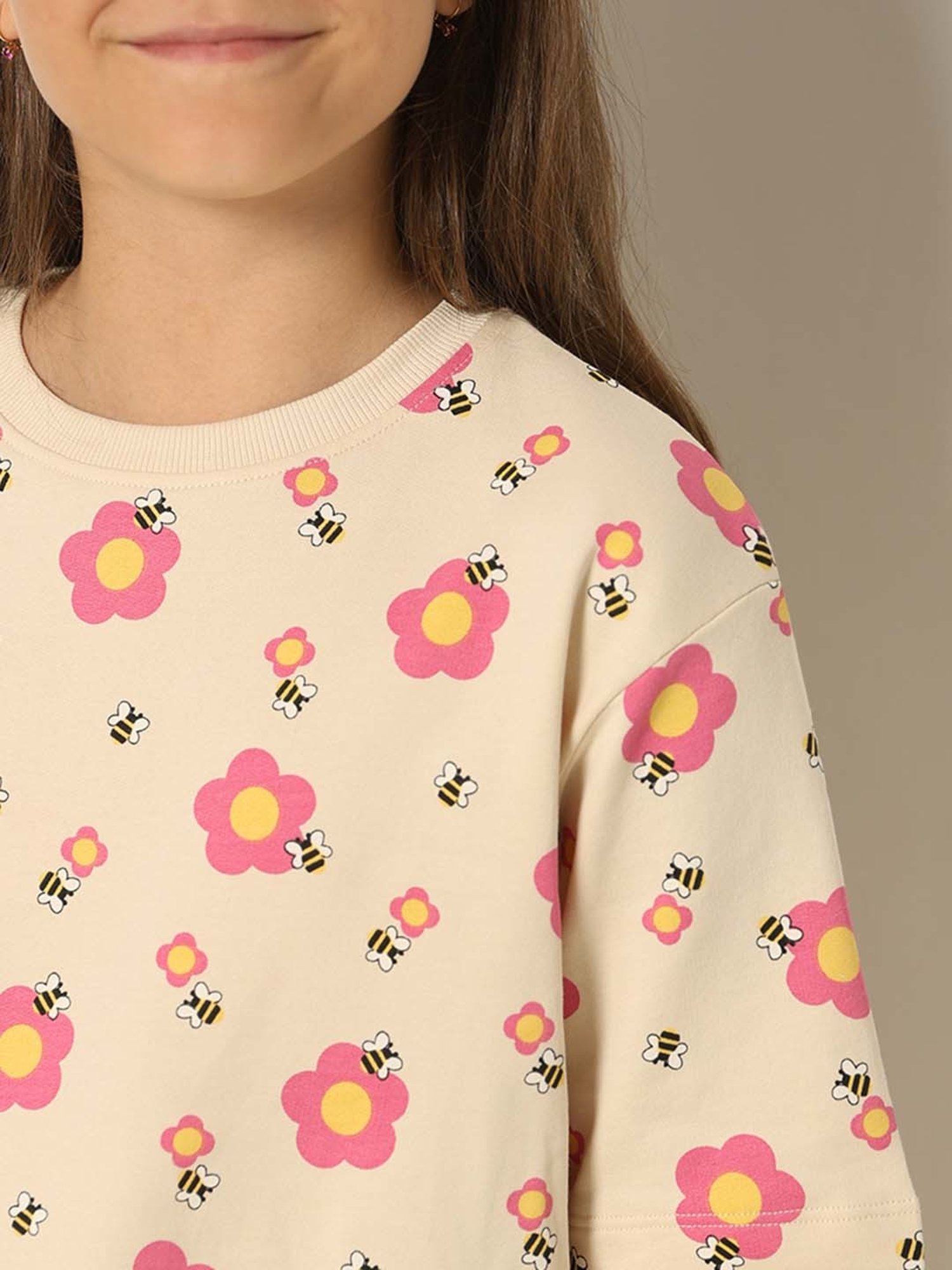VERO MODA GIRL Cream & Pink Cotton Floral Print T-Shirt