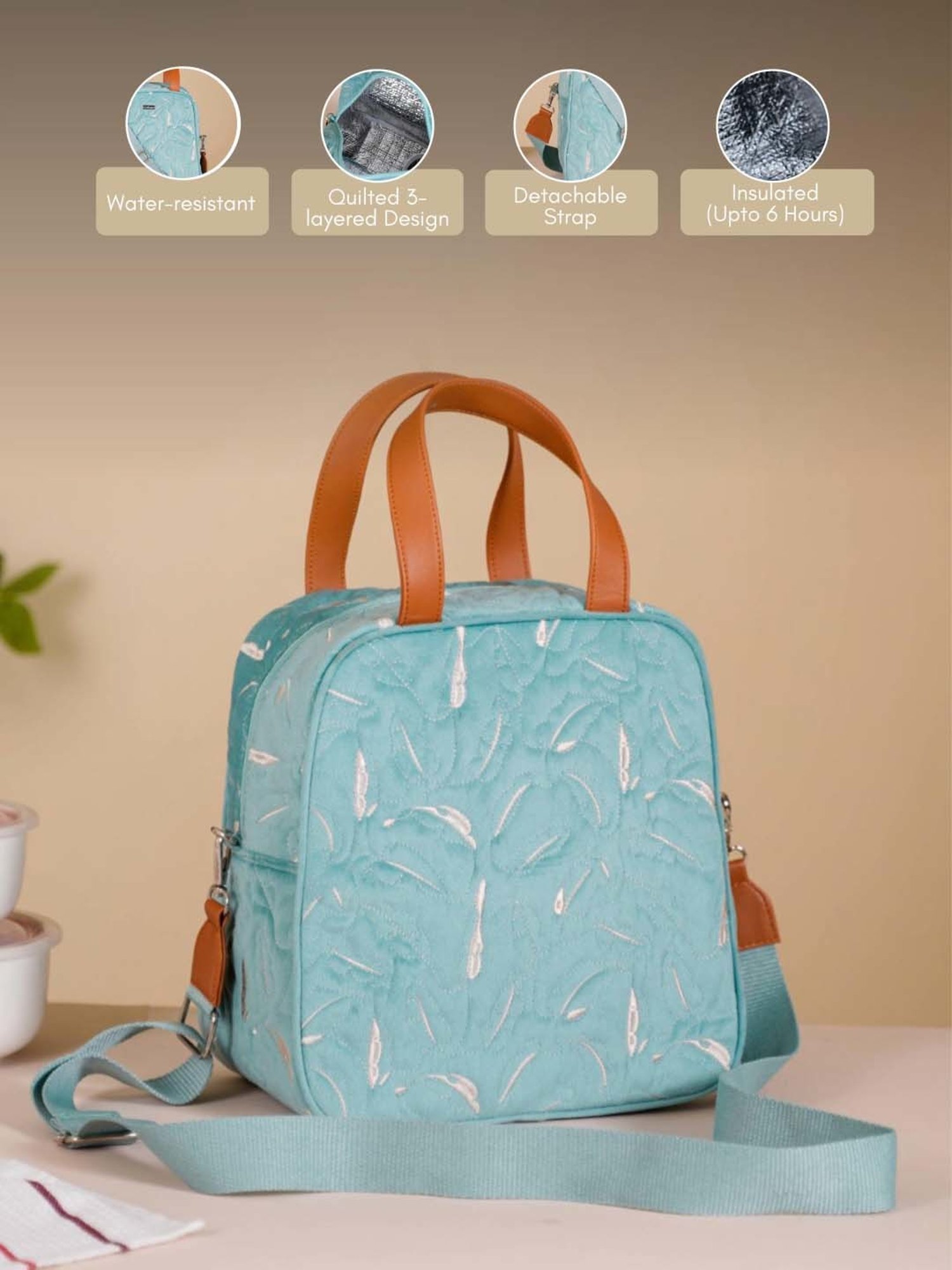 Nestasia High-Quality Insulated Velvet Light Blue Lunch Bag With Adjustable Shoulder Strap & Handles