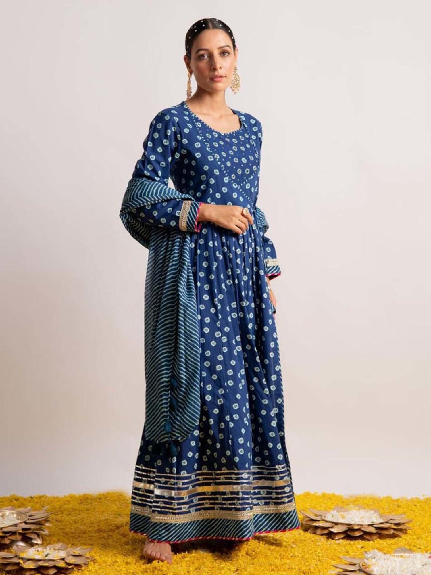 Ekohum Blue Bandhani Print Kalidaar with Leheriya Mulmul Dupatta