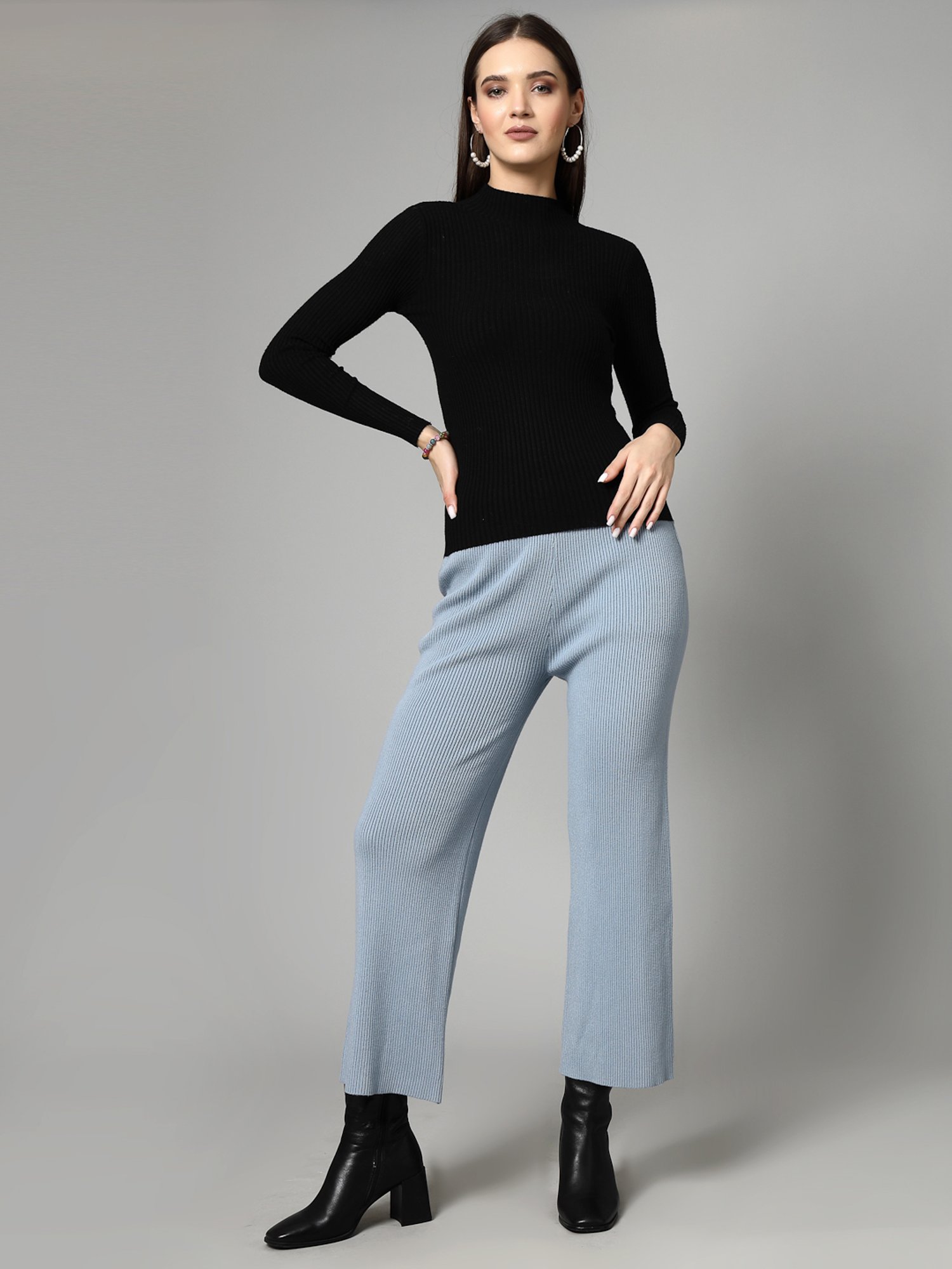 Mafadeny Sky Blue Regular Fit Mid Rise Palazzos