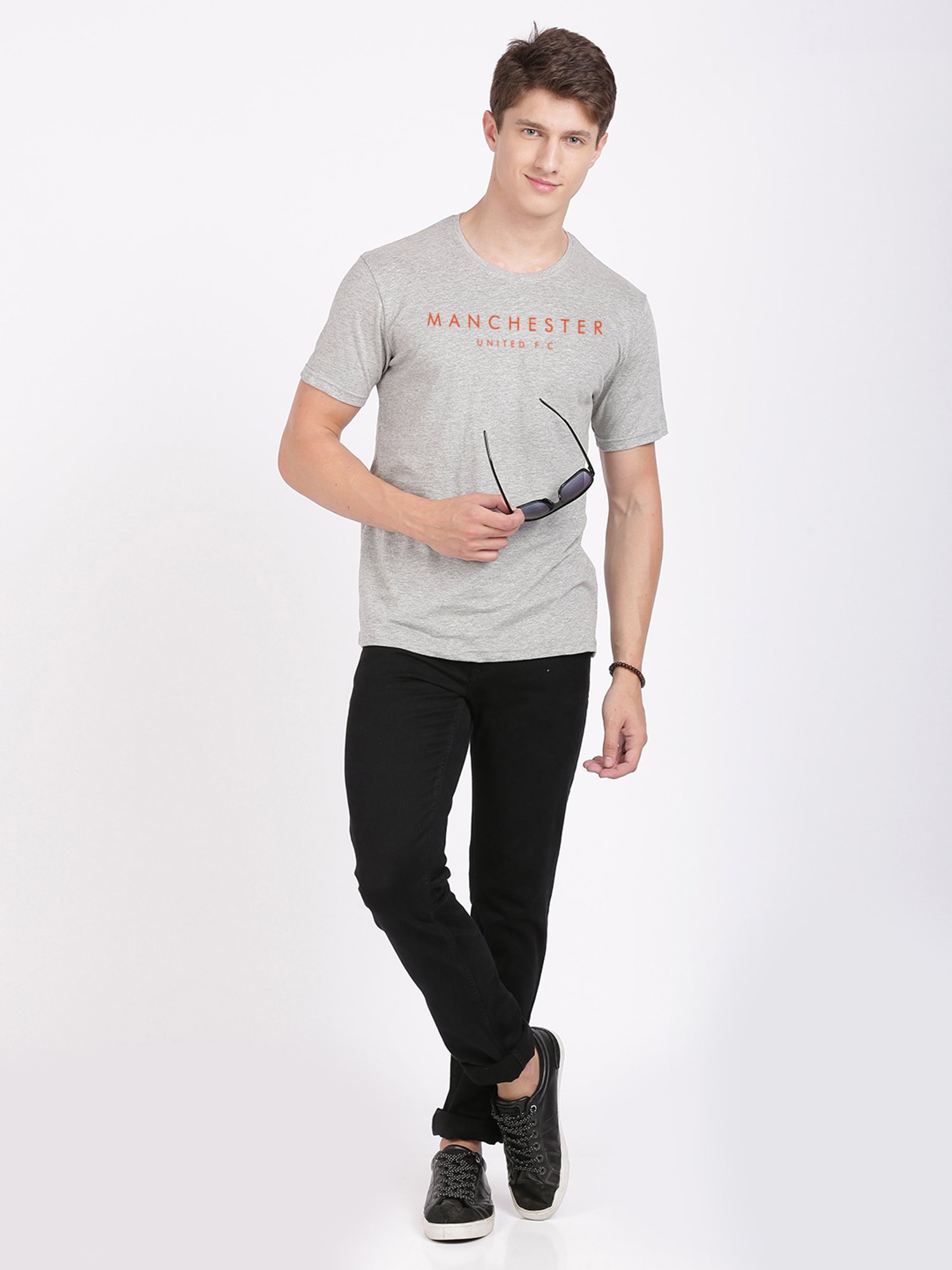BLACK RADIO Grey Melange Slim Fit Printed Crew T-Shirt