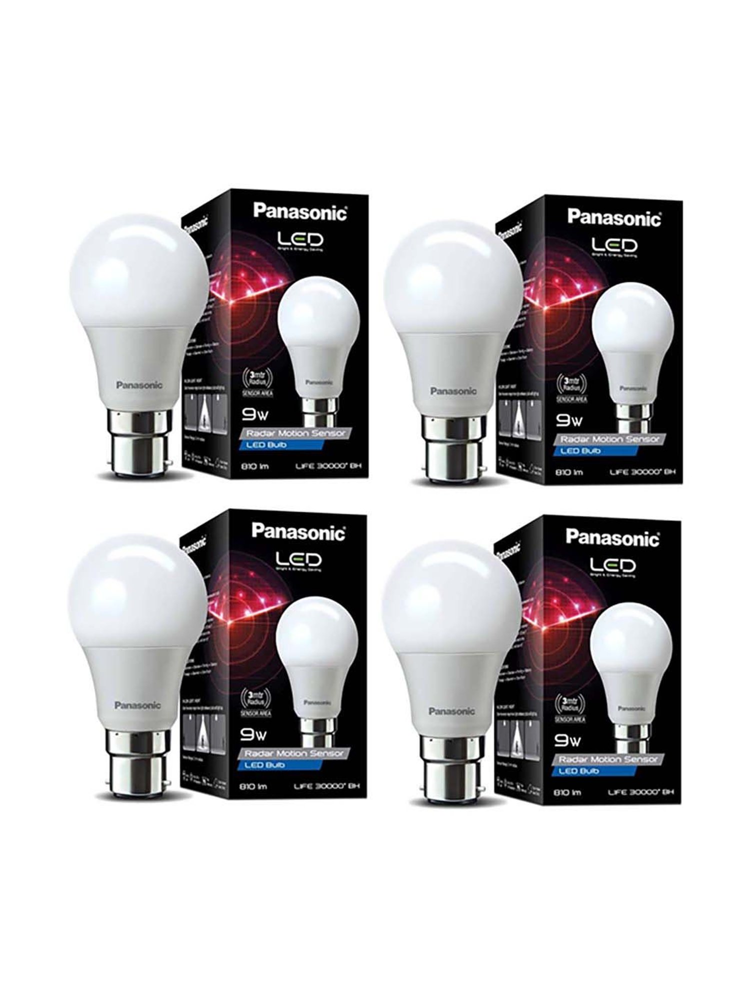 Panasonic 9 Watts LED Radar Motion Sensor B22 Bulb - Pack of 4 (Cool Day White)