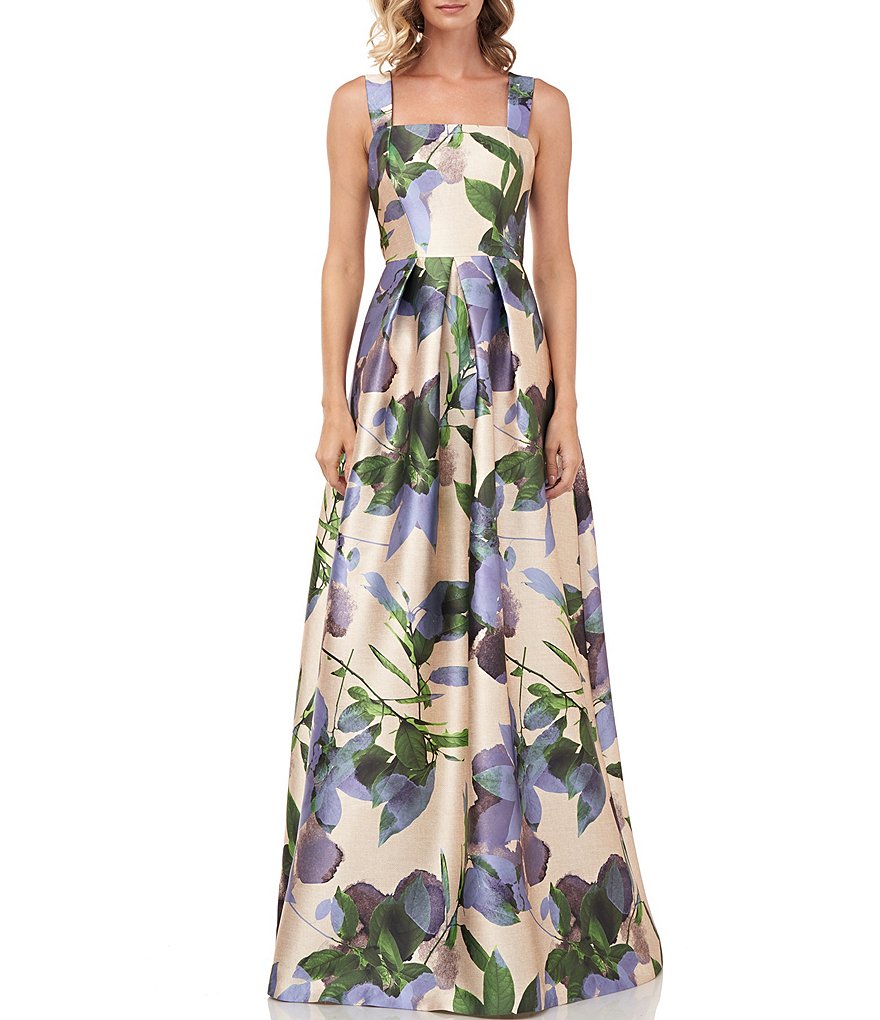 Kay Unger Brittney Printed Floral Mikado Square Neck Sleeveless Ball Gown