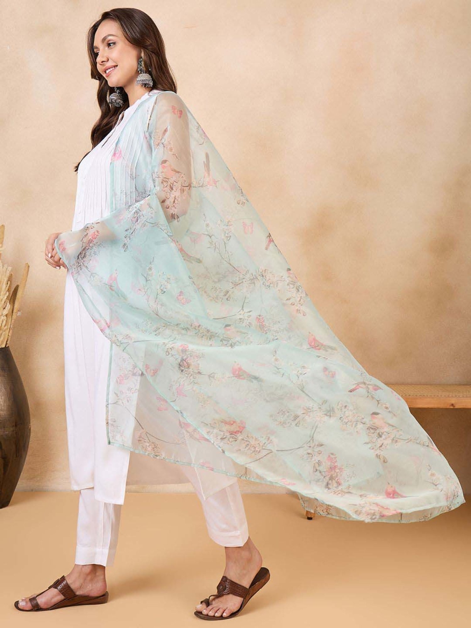 Inweave Green Floral Print Dupatta