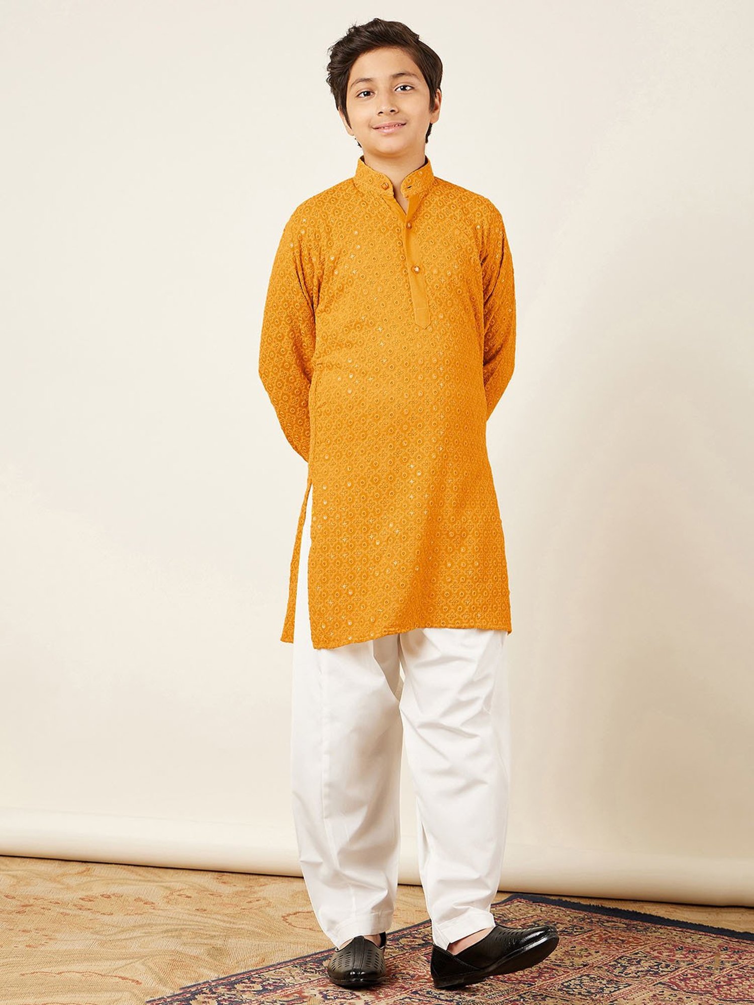 AJ Dezines Kids Yellow Embellished Full Sleeves Kurta with Salwar