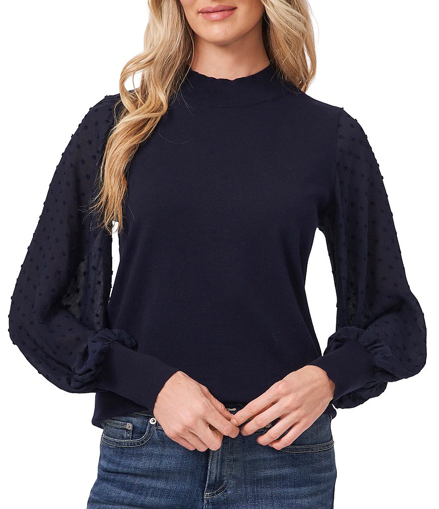 CeCe Mock Neck Long Sleeve Clip Dot Sweater