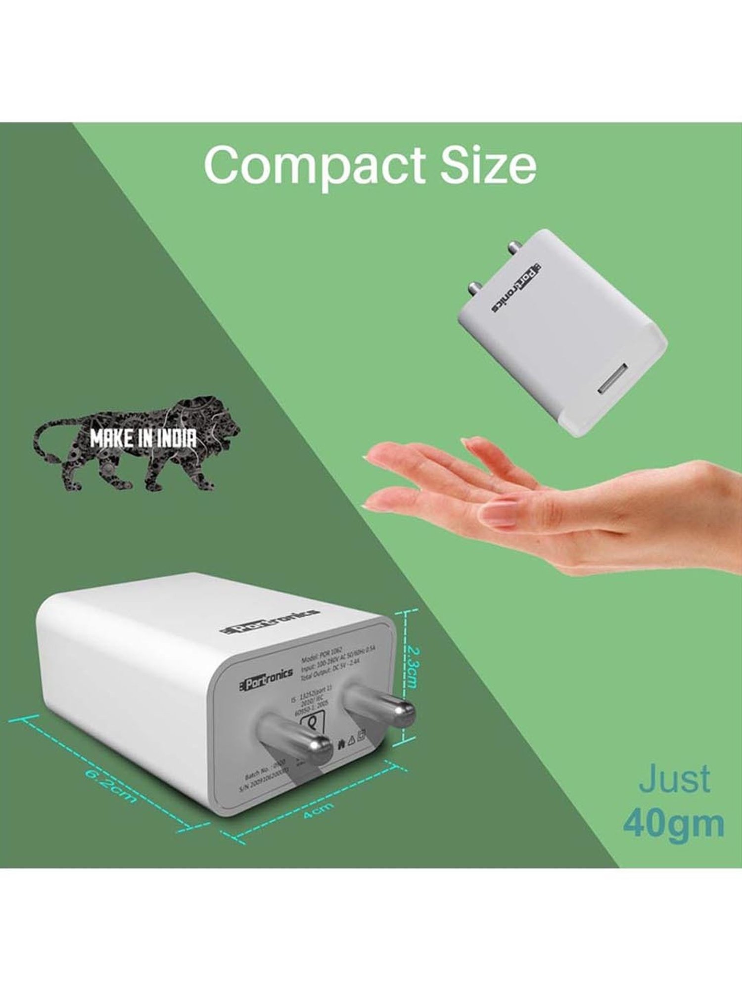 Portronics Adapto 62 M USB Wall Charger Fast Charging Adapter with Micro USB Cable (White)